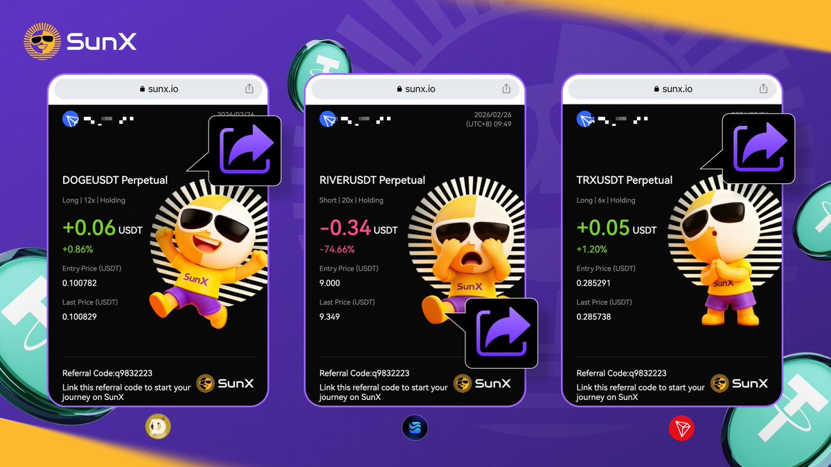 $DOGE $RIVER $TRX perpetuals are now live with enhanced liquidity 🌊

show your trade 📌: 
> trade DOGE/USDT, RIVER/USDT, or TRX/USDT on #SunX
> position size ≥ 500U (margin × leverage)
> cmt with your pnl screenshot (not roi) + wallet address

prize pool 🏆: 
> top 3 by pnl: