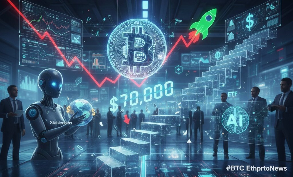 DoubleMapp's tweet photo. Bitcoin lucha en los $70k tras un febrero difícil. ¿Soporte real o trampa? La mirada está en los ETF y la paciencia institucional. 📉🚀 #BTC #CryptoNews https://t.co/veKePZe7Y1