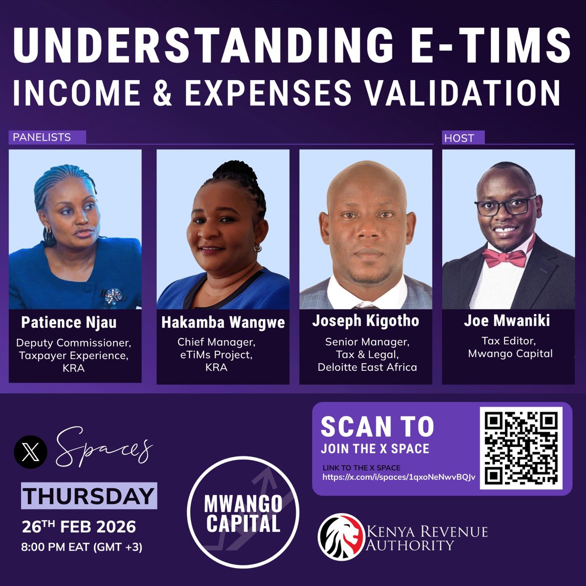MwangoCapital's tweet photo. 🎙️ Join us today at 8:00 PM EAT on #MwangoSpaces as we break down e-TIMS income &amp; expenses validation &amp; the 2025 tax filing season.

Our panelists:
▪️ Patience Njau &amp; Hakamba Wangwe from @KRACare
▪️ Joseph Kigotho from Deloitte EA

Host: @mwaniki_joseph

Don’t miss! https://t.co/yO4Q6qIRcz