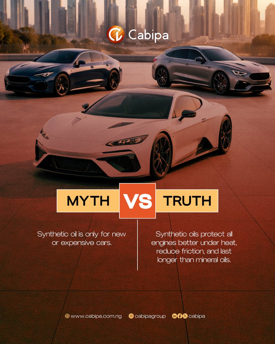 Cabipa's tweet photo. 🚗 Myth busted! Synthetic oils aren’t just for luxury cars — they protect every engine, reduce friction, and last longer.

#EngineTips #SyntheticOil #Lubrication #CarCare https://t.co/6JJ5gqLDWi