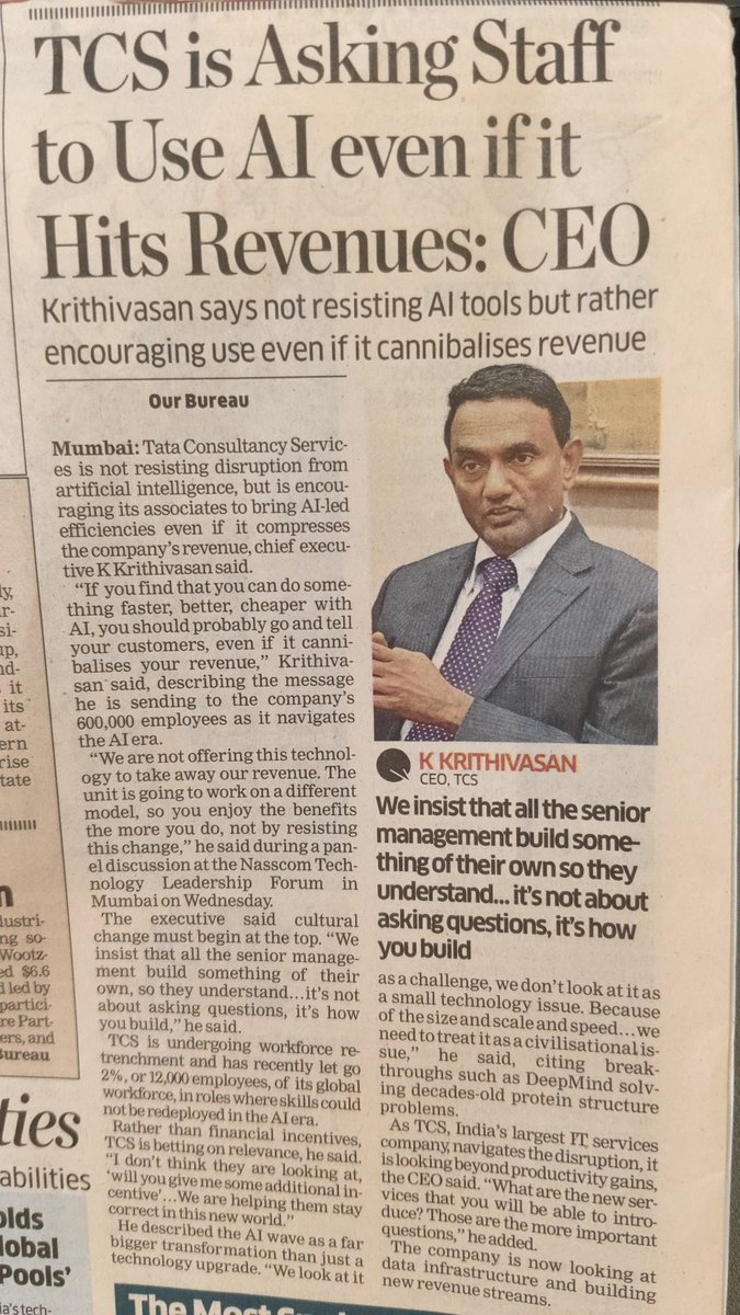 Good to see TCS embracing change instead of resisting it.
If the largest Indian IT company is doing it, others will definitely follow suit.
Believe such moves will lead to productivity gains which may result in revenue / margin improvement.
#AI #ChatGPT #Claude