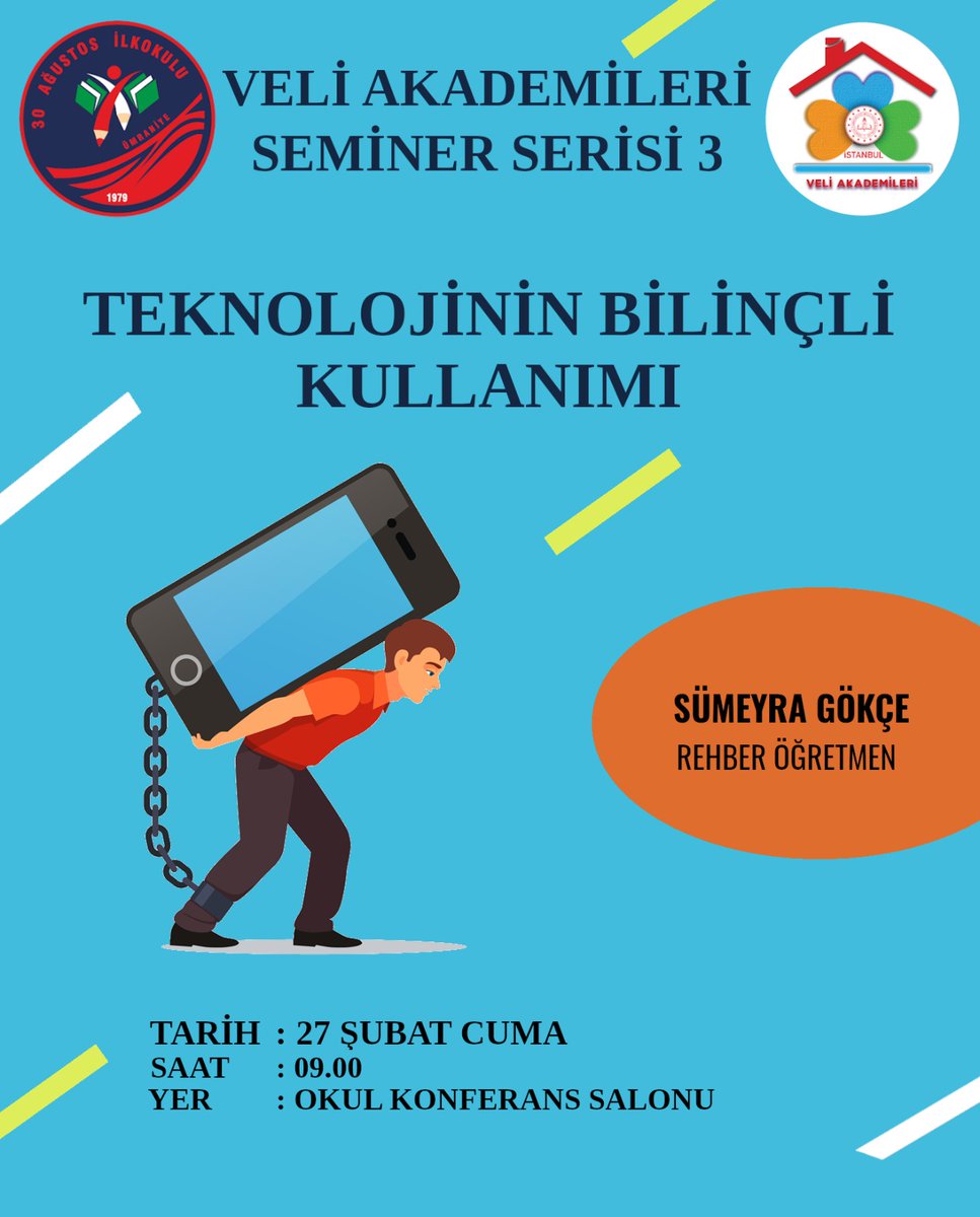 30agustos_io's tweet photo. Veli Akademileri seminerlerimiz devam ediyor.

Üçüncü seminerimiz 27 Şubat Cuma günü (yarın) saat 09.00'da okulumuzun Konferans Salonunda Rehber Öğretmenimiz Sümeyra GÖKÇE tarafından "Çocuklarda Bilinçli Teknoloji Kullanımı" konusuyla yapılacaktır.

Tüm velilerimizi bekliyoruz. https://t.co/fiIn6EssF1