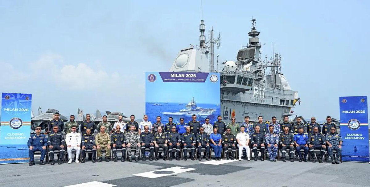 timesofindia's tweet image. #InPics | Indian Navy’s indigenous aircraft carrier INS Vikrant stands tall during the closing ceremony of Exercise MILAN 2026 in Visakhapatnam, showcasing India’s maritime strength and commitment to global naval cooperation. 🌊⚓🇮🇳

#INSVikrant #IndianNavy