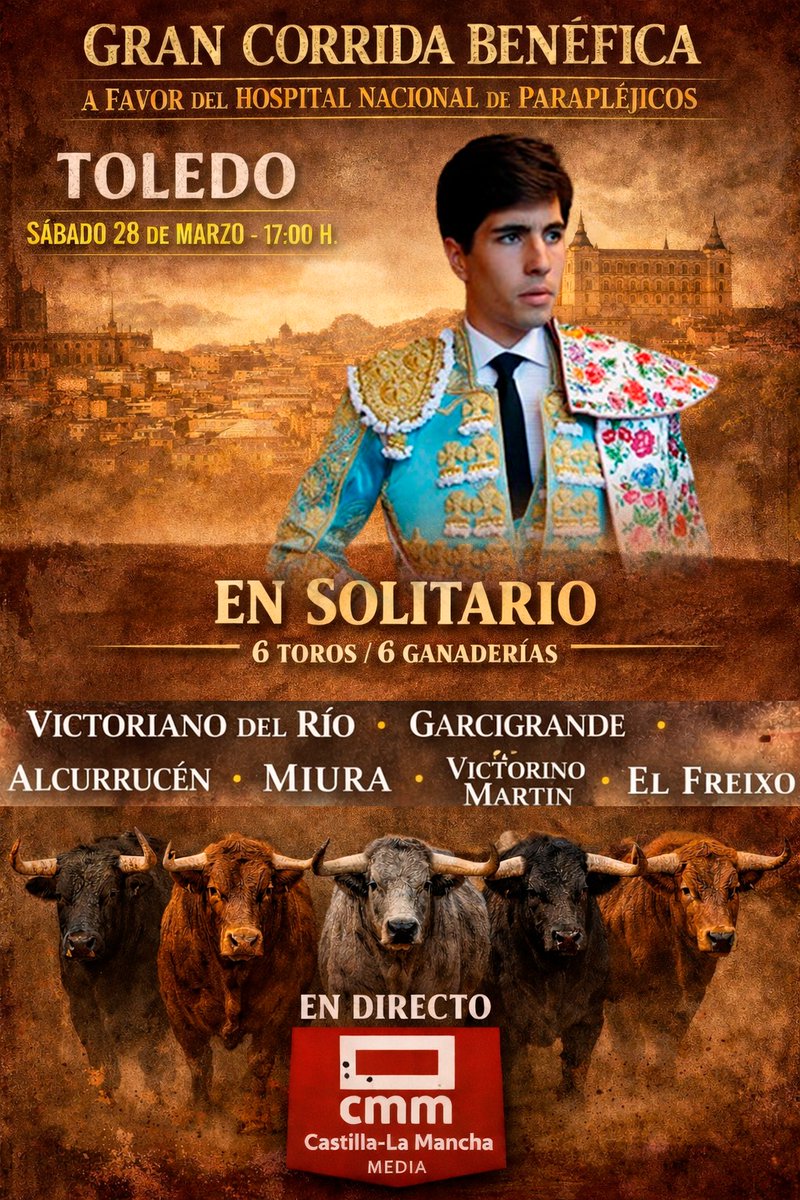Gran gesta del diestro Álvaro Lorenzo. Seis toros en solitario a favor del Hospital Nacional de Parapléjicos de Toledo. El próximo sábado 28 de marzo a las 5 de la tarde, hora muy taurina.