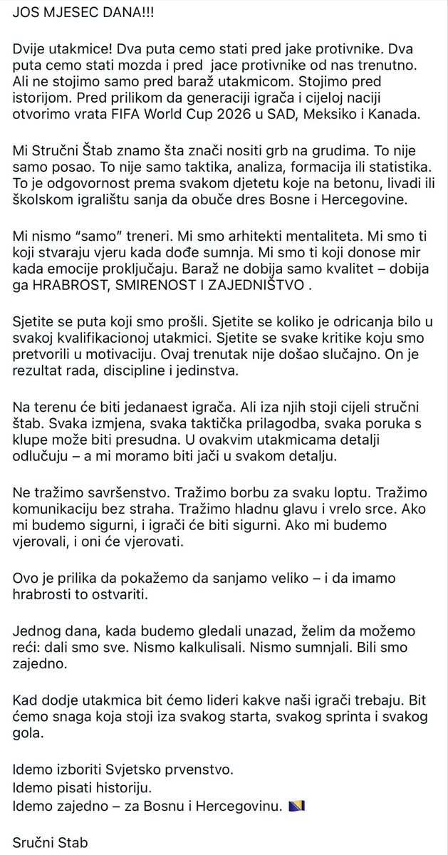 BosniaNTBall's tweet photo. Bosnia-Herzegovina Head Coach Sergej Barbarez with a heartfelt message on Instagram to the fans ahead of the FIFA World Cup 2026 Playoffs: “We, the Coaching Staff, know what it means to wear the crest on our chests.This is not just a job. This is not just tactics, analysis, formation or statistics. This is a responsibility to every child who, on concrete, on the grass or on the school playground, dreams of putting on the jersey of Bosnia and Herzegovina.”🙌🇧🇦