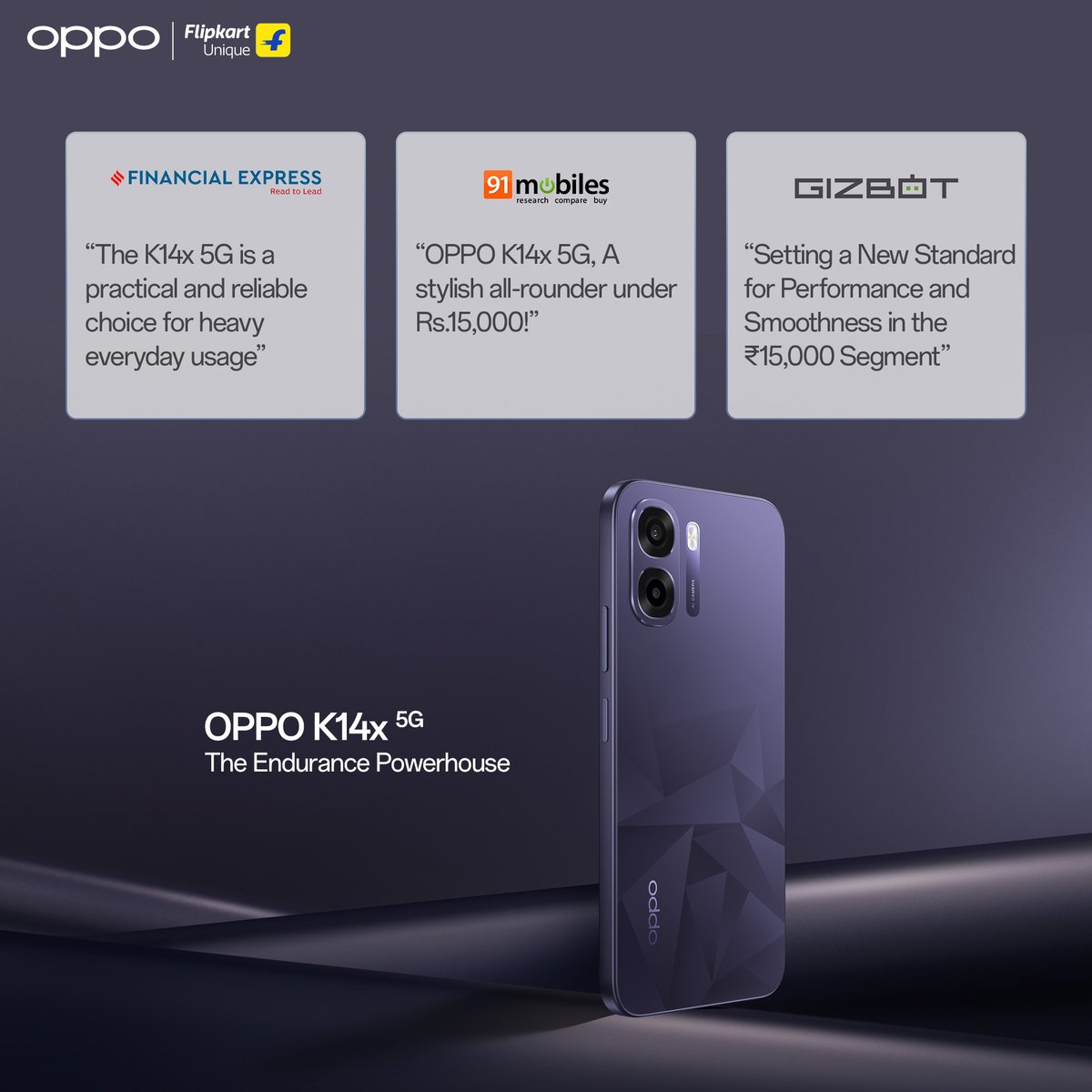 OPPOIndia's tweet image. Not just hype. Just performance. Experts have spoken - powerful, smooth, and built for the all-day grind. OPPO K14x 5G is ready for everything you do.

Buy now - bit.ly/4rc4xzG

#OPPOKSeries #MorePowerLessLag