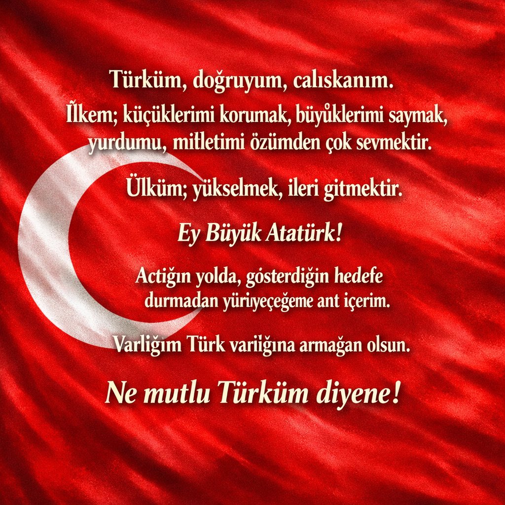 Okullarda duyulması gereken, istenen sadece şudur: 

“Türküm, doğruyum, çalışkanım.

İlkem; küçüklerimi korumak, büyüklerimi saymak, yurdumu, milletimi özümden çok sevmektir.

Ülküm; yükselmek, ileri gitmektir.

Ey Büyük Atatürk!
Açtığın yolda, gösterdiğin hedefe 
durmadan
