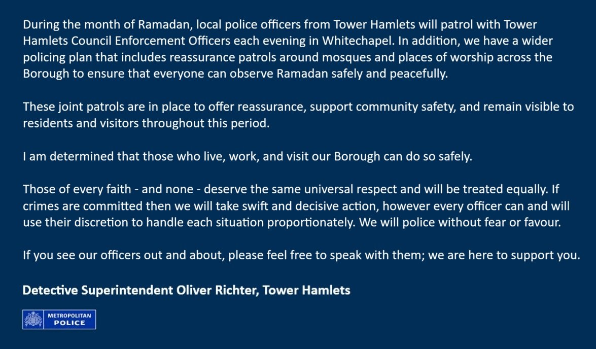 MPSTowerHam's tweet image. We have a strong policing plan to ensure everyone in Tower Hamlets is kept safe during Ramadan.