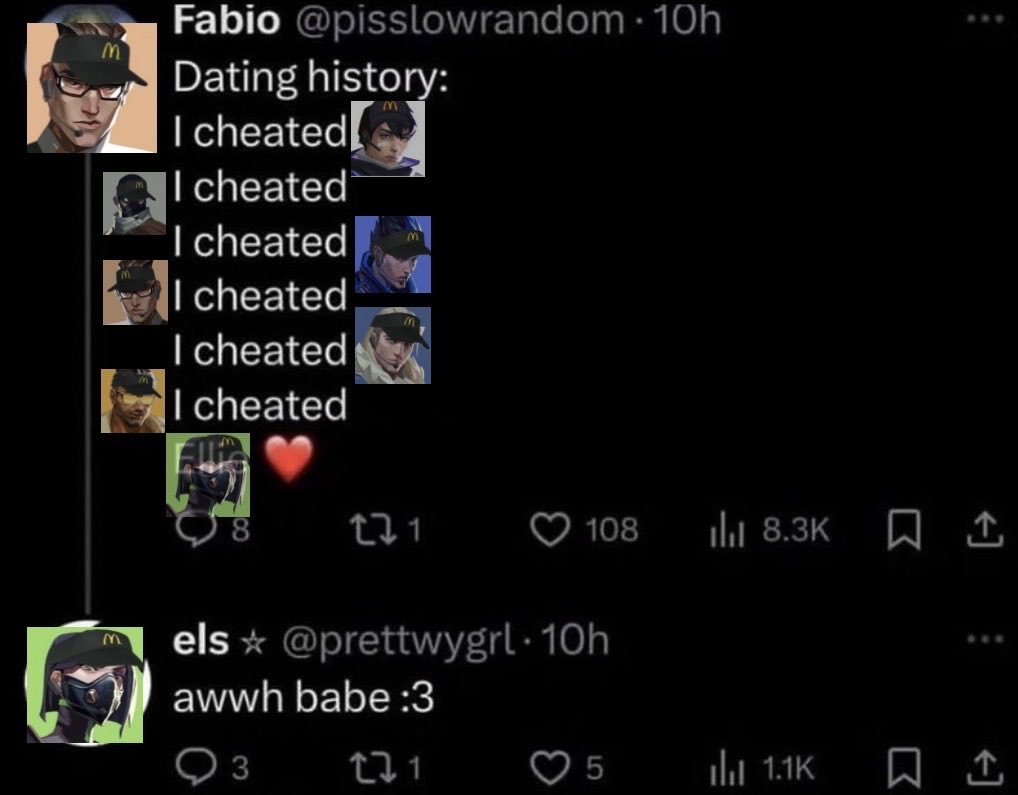 valxeet's tweet photo. vct’s most played being all of chambers situationships #VALORANTMasters #chamber #viper #yomber #somber https://t.co/o7iOKNxlWn