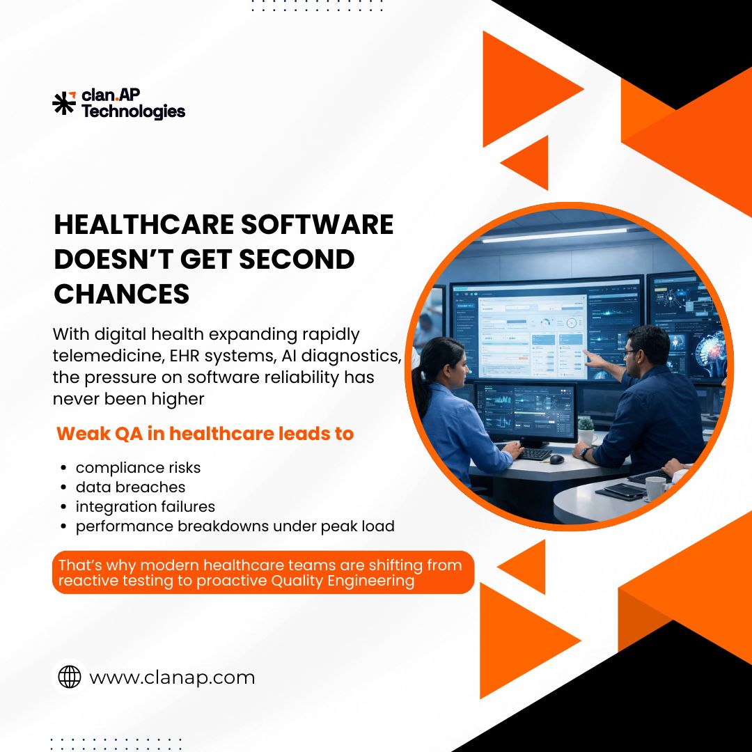 ClanapTech's tweet photo. Healthcare software has zero margin for error.  One glitch in an EHR or AI tool can lead to data breaches or compliance nightmares.

Stop reacting to bugs ,start engineering quality. https://t.co/dgqOOYF6Wd