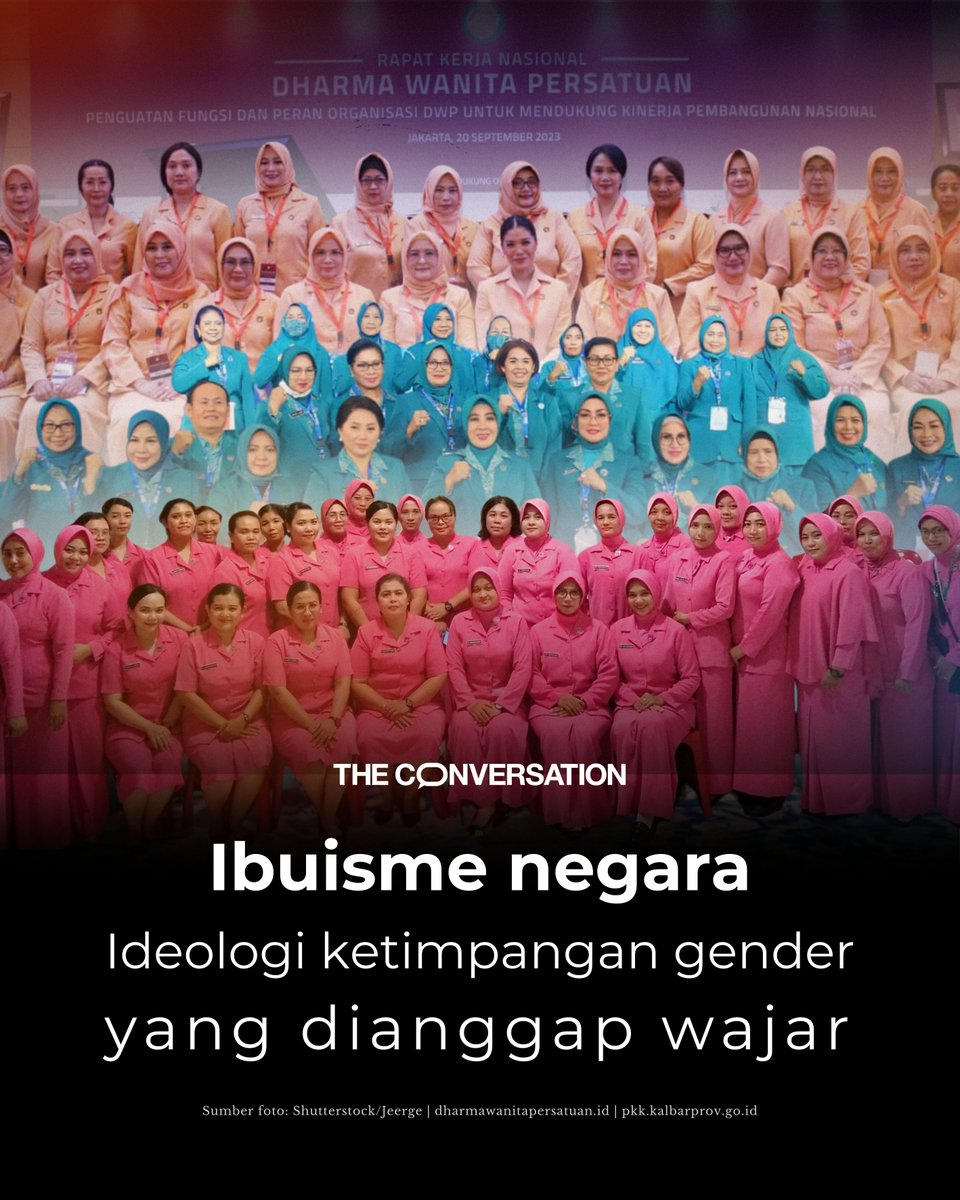 Makin banyak perempuan di sebuah institusi ≄ ketimpangan gender 💔

Ideologi ibuisme yang lahir dari era Orde Baru, masih dipelihara sampai sekarang. 

Dharma Wanita Persatuan, Bhayangkari hingga PKK masih terus berjalan dengan dalih mendukung kinerja suami.

🧵