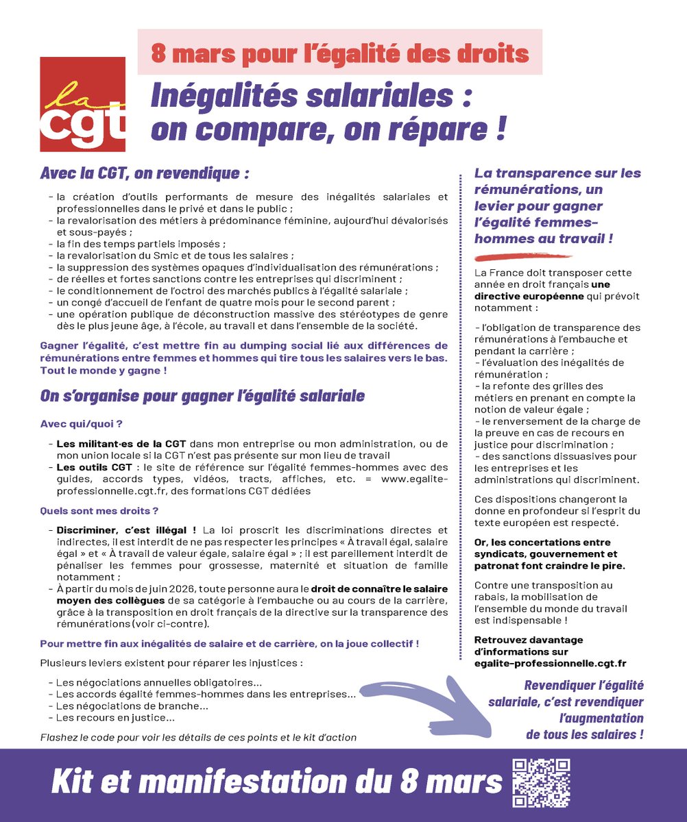 La CGT appelle à la mobilisation du 8 mars 2026.
📢 Lisez. Partagez. Mobilisez-vous.
cloud.cgt.fr/public.php/dav… 
#grevefeministe #8mars2026