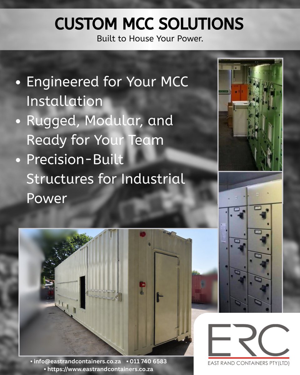 erc_jhb's tweet photo. Engineered for your MCC installation.
Rugged. Modular. Precision-built.

Custom MCC containers designed for industrial power environments.

📞 +27 11 740 6583
🌐 https://t.co/SWwZyBlzC7

#MCC #IndustrialPower #ModularEngineering #ContainerSolutions https://t.co/eZ8zheG2nr