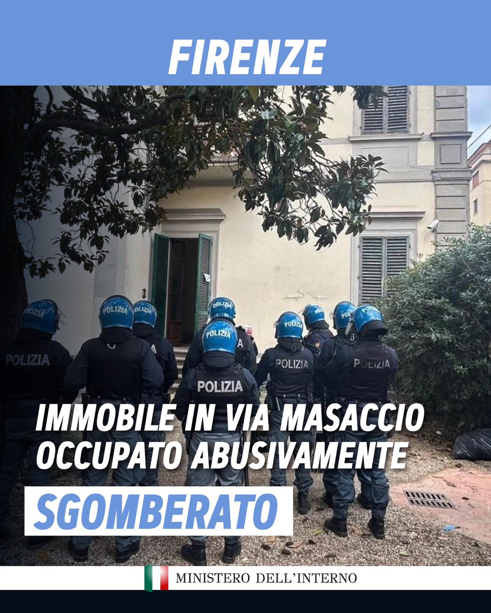 Un immobile in via Masaccio, a Firenze, occupato abusivamente da 16 persone, è stato sgomberato. Le operazioni, eseguite da Polizia di Stato, Vigili del Fuoco e Polizia Municipale, con la collaborazione dei Servizi Sociali del Comune di Firenze, hanno permesso di liberare 10