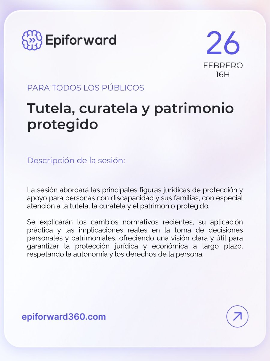 fedeepilepsia's tweet photo. 📅 26 feb | 🕓 16:00 h
Tutela, curatela y patrimonio protegido en #Epiforward. Claves para la protección jurídica y patrimonial de personas con discapacidad.
🎙️ Modera Aurora Gómez
🎙️ Ponente Jesús A. Moure, abogado fiscalista
🔗 https://t.co/8oDH1m0JuM
#Epilepsia #Derechos https://t.co/haQopeplIO