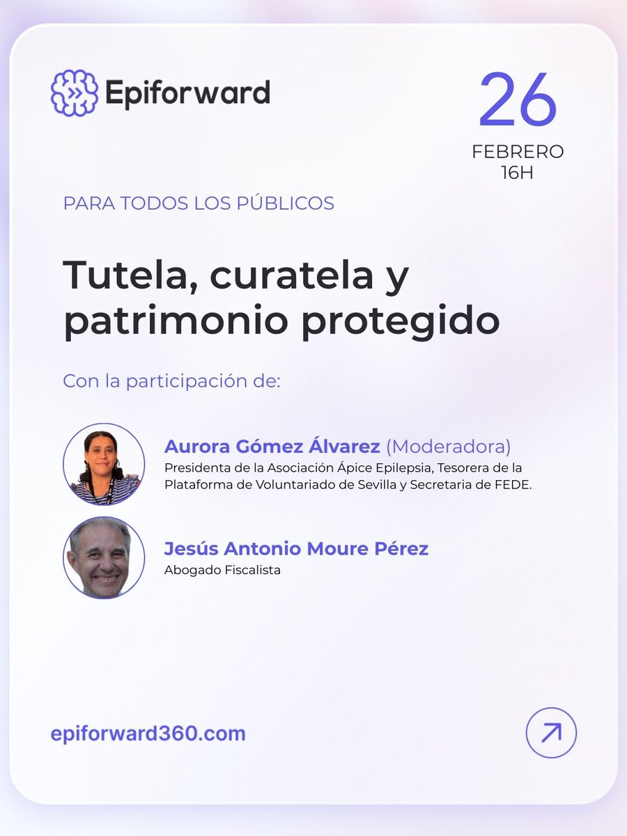 fedeepilepsia's tweet photo. 📅 26 feb | 🕓 16:00 h
Tutela, curatela y patrimonio protegido en #Epiforward. Claves para la protección jurídica y patrimonial de personas con discapacidad.
🎙️ Modera Aurora Gómez
🎙️ Ponente Jesús A. Moure, abogado fiscalista
🔗 https://t.co/8oDH1m0JuM
#Epilepsia #Derechos https://t.co/haQopeplIO