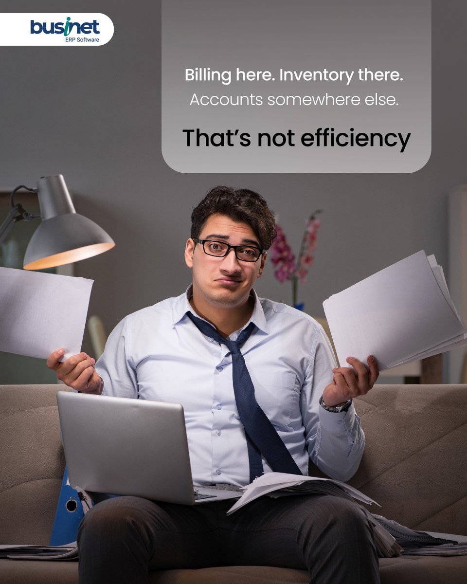 Busineterp's tweet photo. Billing here. Inventory there. Accounts elsewhere.
That’s coordination, not efficiency.

Businet brings it all into one system.

Visit: https://t.co/5MJqxN3oag

#Businet #ERPIndia #MSME https://t.co/jwoirCVJJK