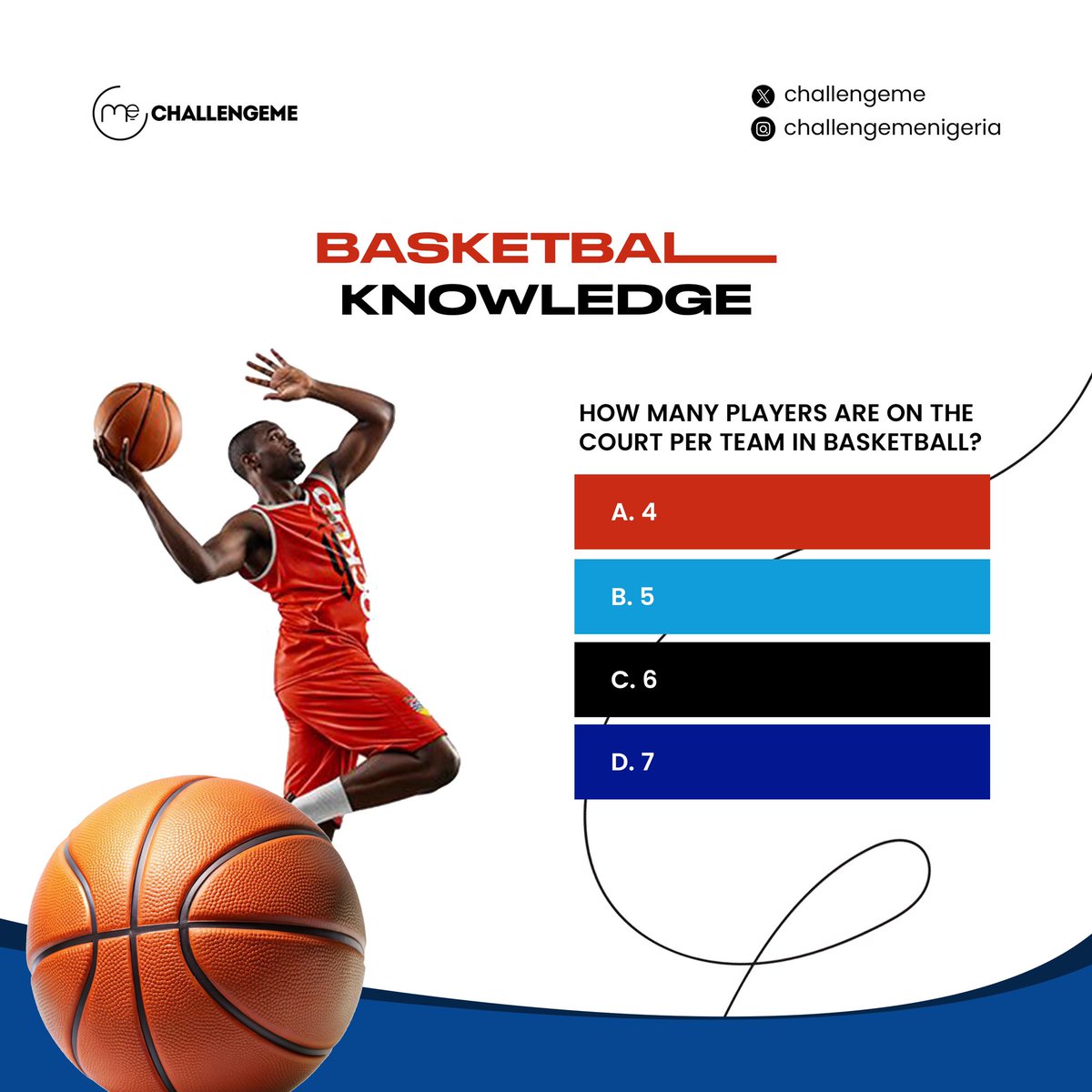 🏀 **BASKETBALL KNOWLEDGE CHECK!** 🧠🔥
How well do you know the game?

**How many players are on the court per team in basketball?**
A. 4
B. 5
C. 6
D. 7

#BasketballKnowledge #SportsTrivia #GameTime #Hoops #SportsChallenge #ThinkFast #ChallengeTime