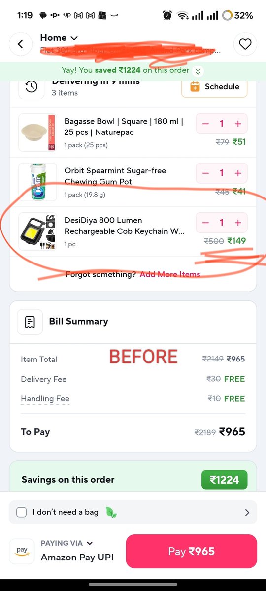 GuysWorldIndia's tweet photo. @zeptocares 
Please explain. BEFORE pics when order short by ₹34 - Total 965. After Adding Chewing gum of ₹40 total bill jumps to 1039? Add ₹34 items to get ₹50 discount. But instead prices of some items increase. Eg. Emergency light from ₹149 to ₹175? How? @ZeptoNow https://t.co/1CLNRaccGu