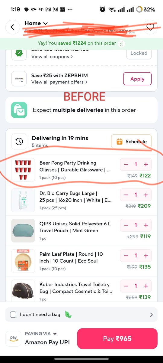 GuysWorldIndia's tweet photo. @zeptocares 
Please explain. BEFORE pics when order short by ₹34 - Total 965. After Adding Chewing gum of ₹40 total bill jumps to 1039? Add ₹34 items to get ₹50 discount. But instead prices of some items increase. Eg. Emergency light from ₹149 to ₹175? How? @ZeptoNow https://t.co/1CLNRaccGu