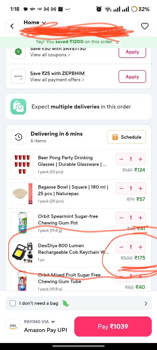 GuysWorldIndia's tweet photo. @zeptocares 
Please explain. BEFORE pics when order short by ₹34 - Total 965. After Adding Chewing gum of ₹40 total bill jumps to 1039? Add ₹34 items to get ₹50 discount. But instead prices of some items increase. Eg. Emergency light from ₹149 to ₹175? How? @ZeptoNow https://t.co/1CLNRaccGu