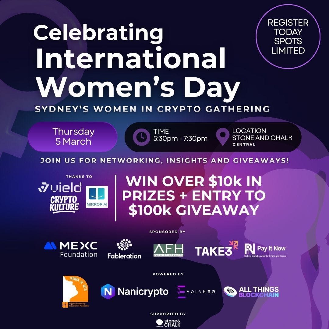 MEXCOceania's tweet photo. If you believe women belong in tech, blockchain, and leadership — this room is for you. 💜
🚺 Ready to connect, learn, and win this International Women’s Day? 

Join us @nanicrypto in Sydney for an inspiring night of Women in Crypto — networking, insights, and over $10K in prizes + entry to a $100K giveaway 👀

📅 Thursday, 5 March
⏰ 5:30pm – 7:30pm
📍 Stone & Chalk, Central (Sydney)

Are you in? 💜✨

Here is the link to join👉 https://t.co/rV6HXC5XS1

#WomenEmpowerment #WomensDay #MEXC #crypto