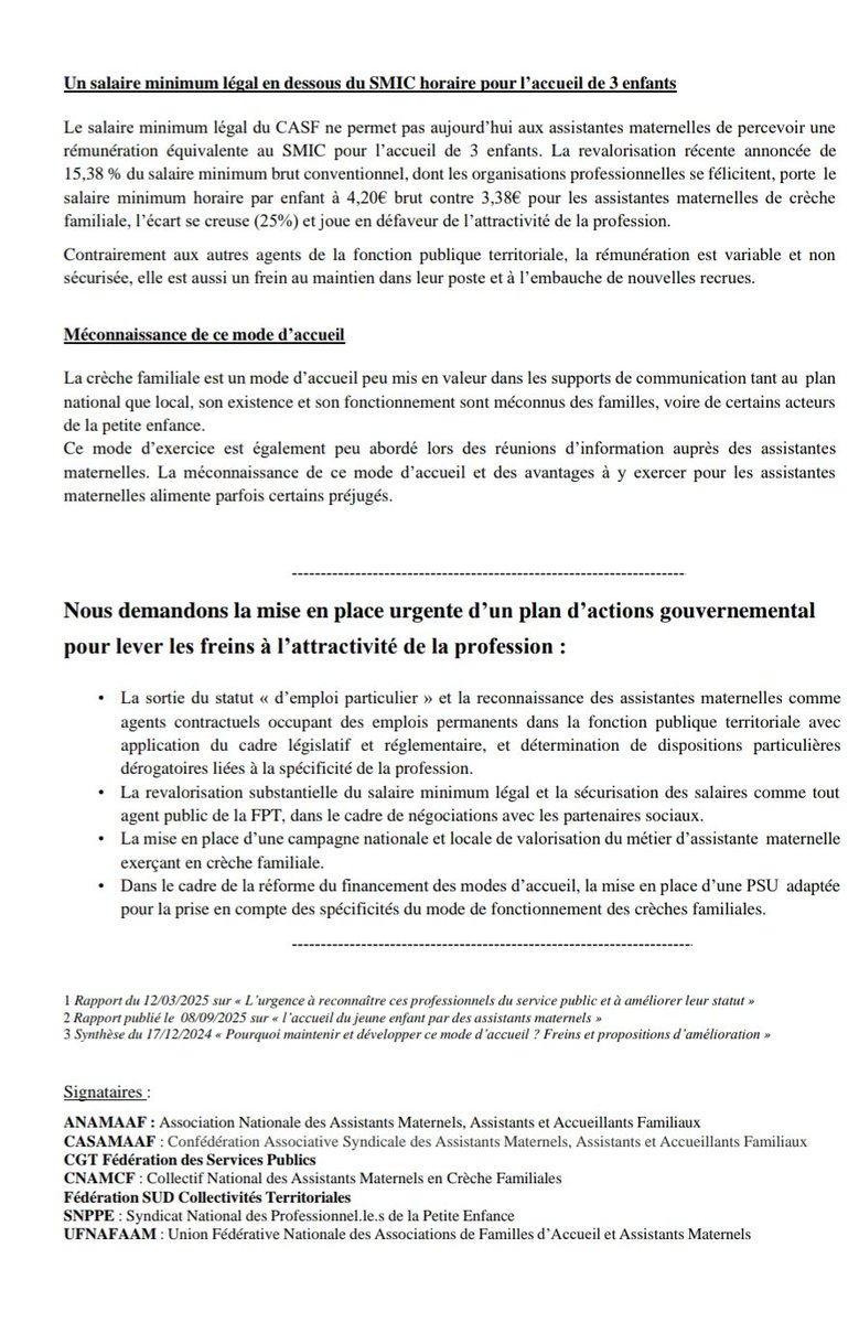 CNAMCF's tweet photo. L’URGENCE à renforcer l’attractivité du métier d' #assmatcrèchefa ! Lorsque 7 organisations nationales @ANAMAAF1 , CASAMAAF, CGT services publics,  SUD collectivités territoriales, @SnppeFr @ufnafaam  - @CNAMCF parlent d'une seule voix, c'est un signal d'alarme ! @stephanie_rist https://t.co/lzhT0sd0wI