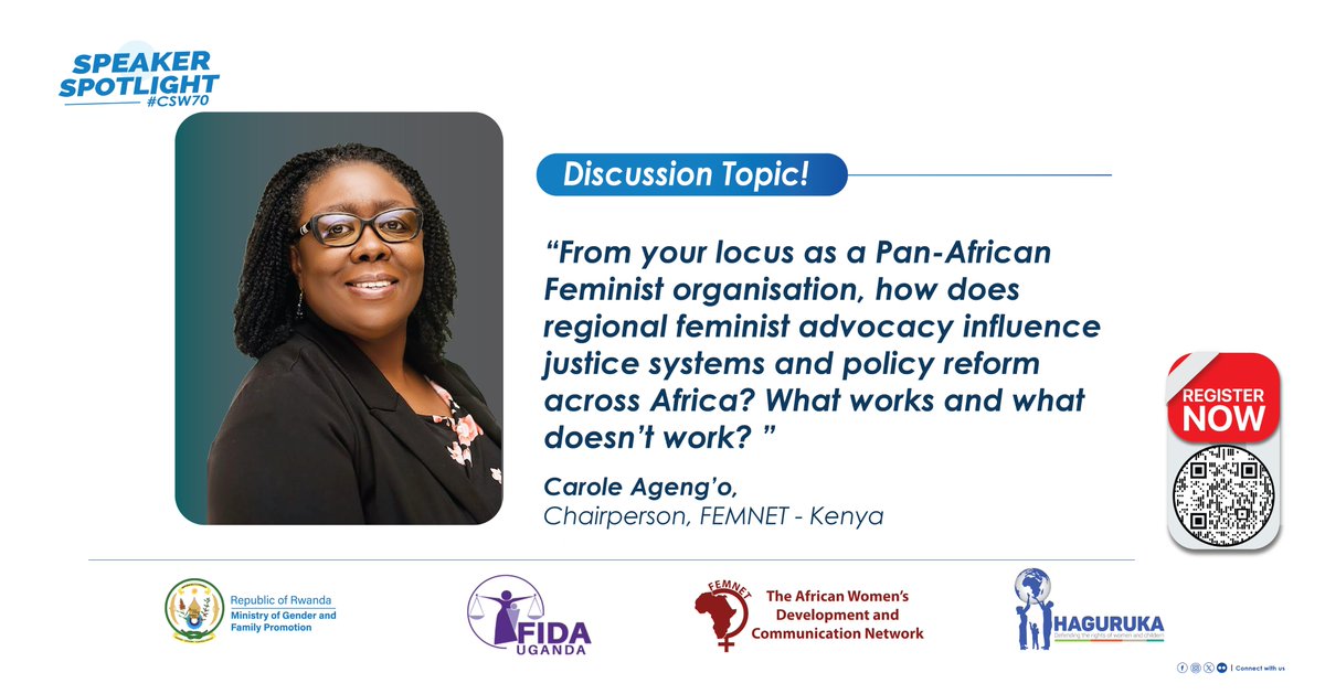 haguruka_ngo's tweet photo. 🎤𝐏𝐚𝐧𝐞𝐥𝐢𝐬𝐭𝐬 𝐒𝐩𝐨𝐭𝐥𝐢𝐠𝐡𝐭 | #CSW70SideEvent
Our 4th panelist, Carole Ageng’o, Chairperson of @FemnetProg (Kenya), will explore how regional feminist advocacy influences justice systems and policy reform across Africa, what works, and what doesn’t.
🗓️ 𝗠𝗮𝗿𝗰𝗵 𝟭𝟯, 𝟮𝟬𝟮𝟲
⏲️ 𝟰:𝟰𝟱–𝟲:𝟬𝟬 𝗣𝗠 (𝗘𝗦𝗧)
📍 𝗨𝗡 𝗛𝗲𝗮𝗱𝗾𝘂𝗮𝗿𝘁𝗲𝗿𝘀, 𝗥𝗼𝗼𝗺 𝟴, 𝗡𝗲𝘄 𝗬𝗼𝗿𝗸
𝐑𝐄𝐆𝐈𝐒𝐓𝐄𝐑 𝐍𝐎𝐖: https://t.co/JS9veZjNdv
@FIDA_Uganda @RwandaGender
@rwandainun @femnetsecretariat @fida_uganda @FemnetProg