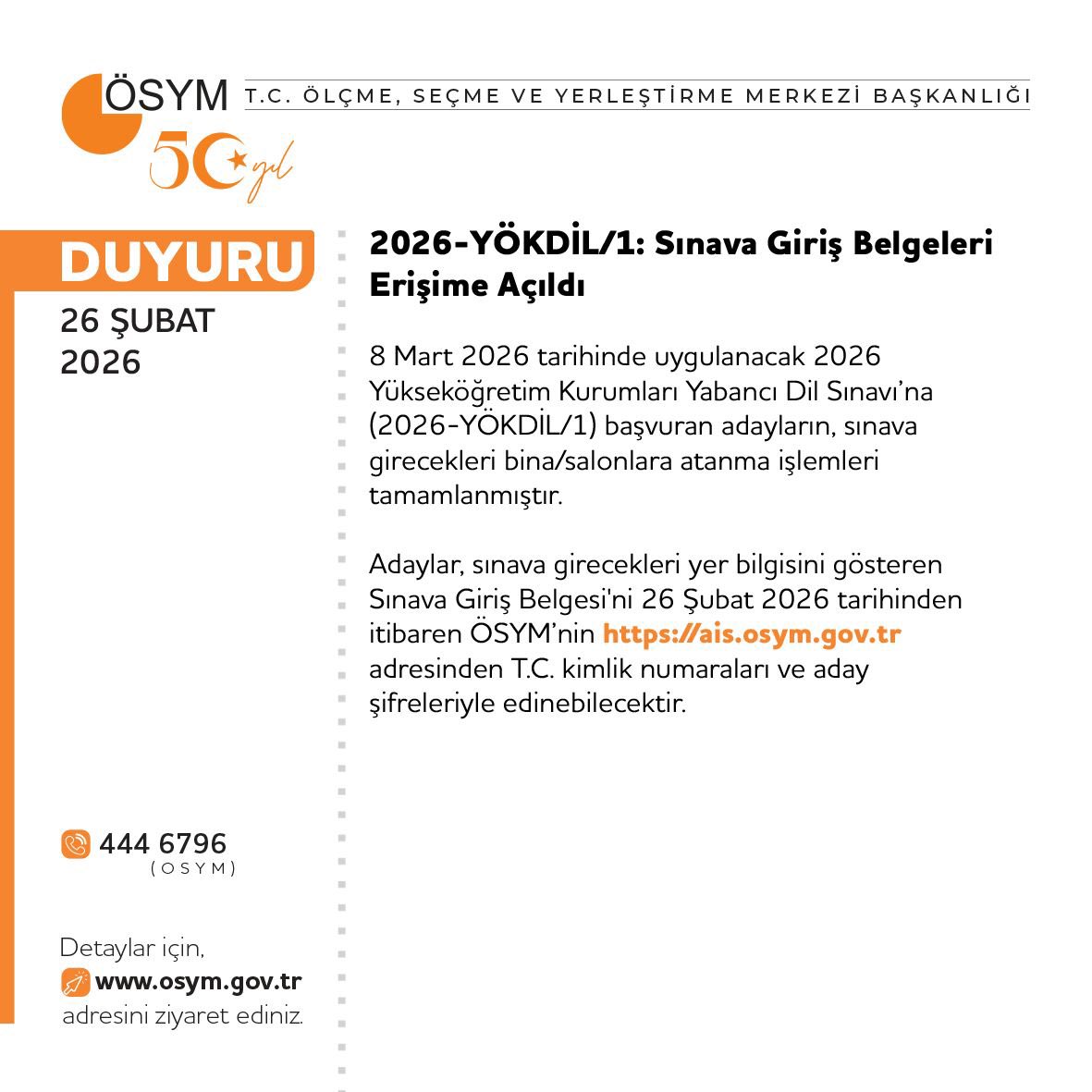 2026-YÖKDİL/1: Sınava Giriş Belgeleri Erişime Açıldı

osym.gov.tr/TR,33883/2026-…