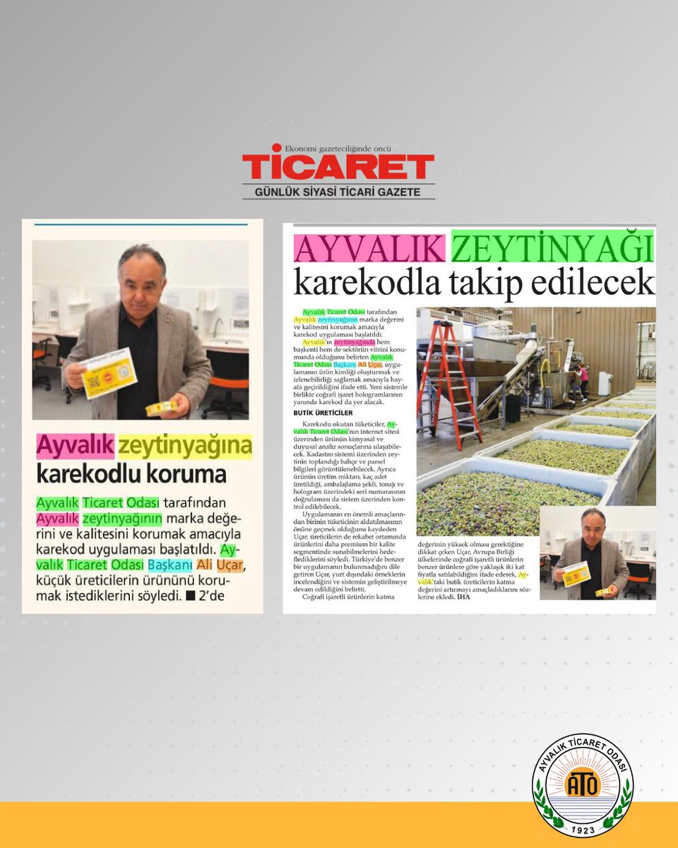 Ayvalık Ticaret Odası Başkanı Ali Uçar, bugün (26 Şubat Perşembe) yazılı basına, zeytinyağında Türkiye’de ilk kez Ayvalık Ticaret Odası tarafından uygulanmaya başlayan, zeytinyağında taklit ve tağşişin onune geçecek karekod uygulaması hakkında bilgilendirmelerde bulundu.