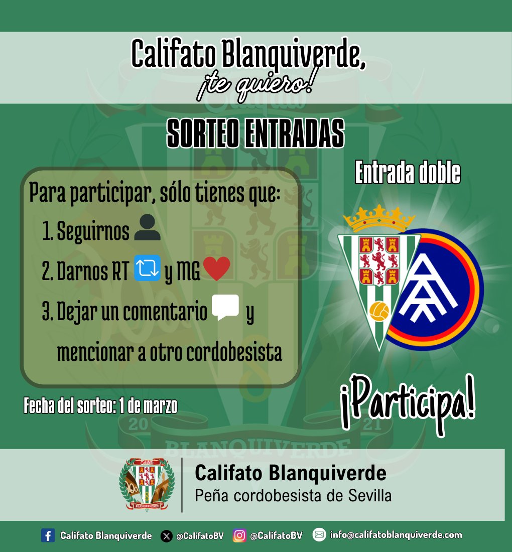 ✋ ES MOMENTO DE RECUPERARNOS 𝗘𝗡 𝗖𝗔𝗦𝗔

Participa en el sorteo de 🎫 dos entradas 🎫 y disfruta del #CórdobaAndorra con un/a acompañante.

📅 Fecha del sorteo: domingo, 1 de marzo.

#CalifatoBlanquiverde