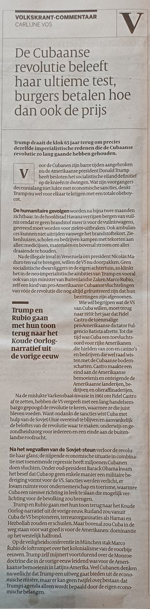 Nu de VS de inlijving van Oekraïne bij hun NAVO ziet mislukken en Trump de Oekraïne-oorlog de Europeanen in de schoenen geschoven heeft, zoeken Rubio en zijn imperialisten makkelijker prooien. Dichter bij huis ook. Na Venezuela wordt nu Cuba definitief het slachtoffer van meer