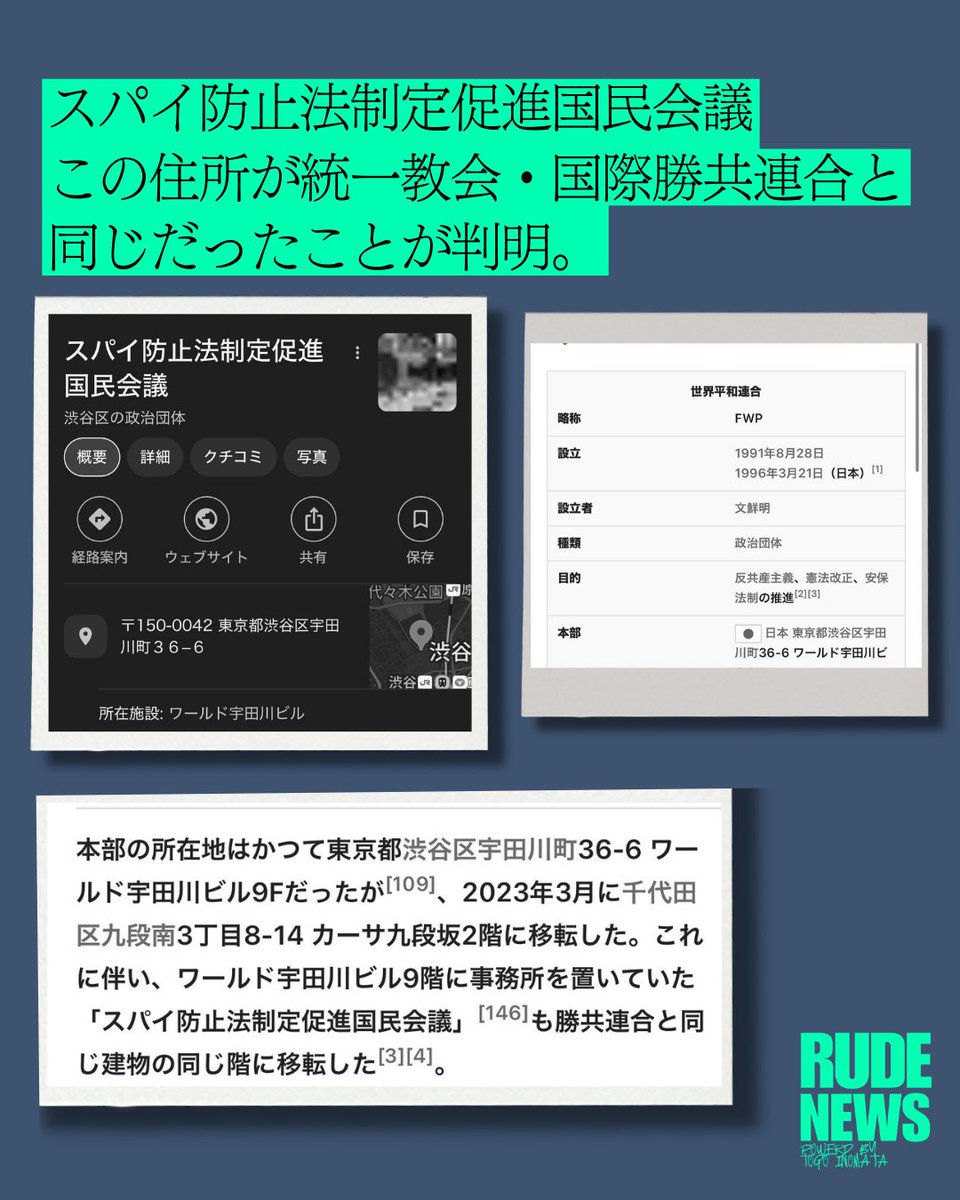 oogesatarou's tweet photo. スパイ防止法制定促進国民会議の所在地が、
旧統一教会および国際勝共連合と同一だったことが判明。
自民・高市政権と統一教会の強い結びつきを改めて示す事実。 https://t.co/uvl9CTz9yB