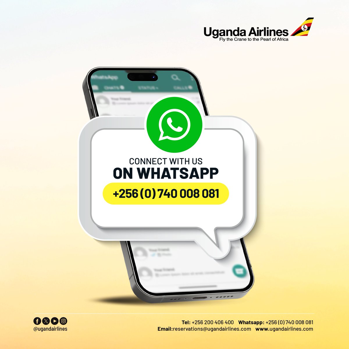 #URWhatsApp For any inquiries, please feel free to connect with us via WhatsApp: +256740008081.   #FlyUgandaAirlines #FlyTheCrane