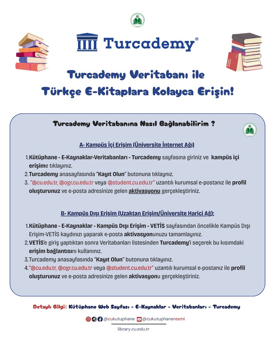 📚Türkçe e-kitap platformu olan Turcademy veritabanı ile birçok e-kitaba kütüphanemiz aracılığıyla kampüs içi veya kampüs dışından erişebilirsiniz 🔍💻

📌 Detaylar ve kılavuzlar için;
library.cu.edu.tr/cu/e-kaynaklar…

#cukurovakutuphane
#çukurovaüniversitesi
#turcademy #kütüphane
#ekitap