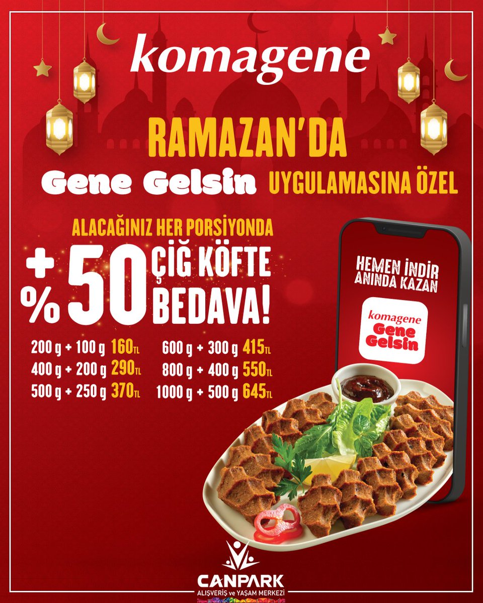 canparkworld's tweet photo. Komagene’den Ramazan’a Özel +%50 Bedava Çiğ Köfte Kampanyası! ️
Ramazan ayı boyunca Komagene'nin Gene Gelsin uygulamsından alacağınız tüm porsiyonlarda +%50 çiğ köfte bedava!
Ramazan’da da iftar sofralarını efsane lezzetle şenlendir.

#Komagene #GeneGelsin #Ramazan #kampanya https://t.co/6PoEFIWrnV