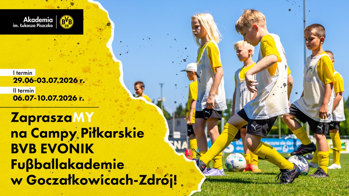 AkademiaBVB's tweet photo. BVB Evonik Fußballakademie 2026 w Goczałkowicach! 🖤💛⚽ - zapraszaMY do udziału!

Sport, uśmiech i pasja – to właśnie nasza recepta na udane wakacje!

Informacje i zapisy 👉 https://t.co/jOzBLam8YA

kochaMY to co robiMY 🖤💛 https://t.co/RcwCyXCqs4