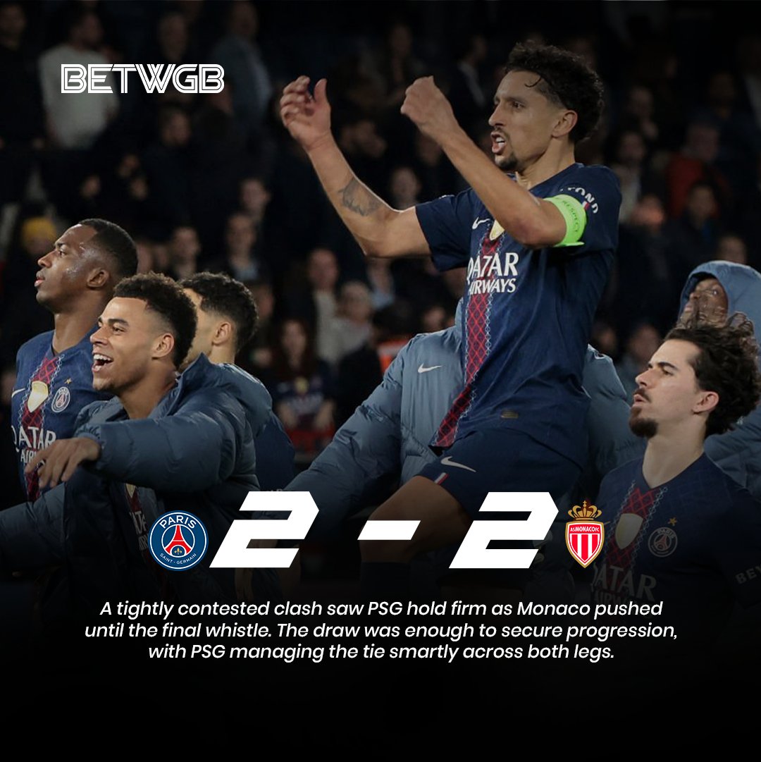 Betwgb's tweet photo. A tightly contested clash saw PSG hold firm as Monaco pushed until the final whistle. The draw was enough to secure progression, with PSG managing the tie smartly across both legs.
#UCL #PSG #Monaco #TacticalBattle #ChampionsLeague #AggregateVictory #FootballFocus https://t.co/DGUD8KMFPb