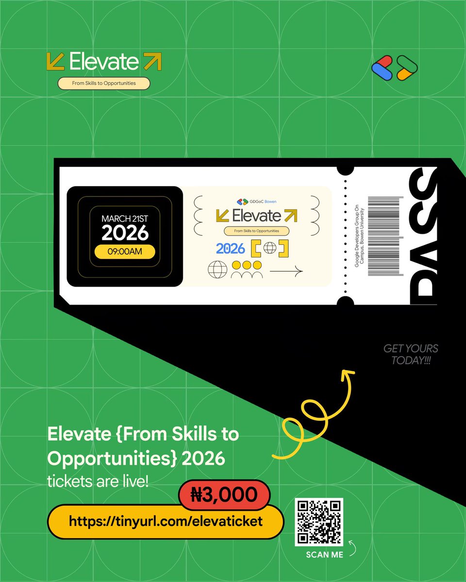 Tickets are live 🚨

Don’t just have skills — Come and learn how to turn them into opportunities.

📅 March 21 | 9 AM
🎟️ ₦3,000
ticketsbydingpay.com/events/gdgbowe…
Buy your ticket now and be part of the shift.