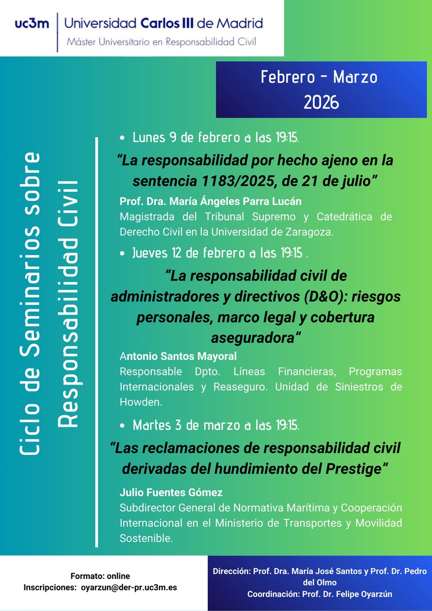 MRC_UC3M's tweet photo. Próximo martes, 3 de marzo (19:15 h), seminario en el Máster sobre las reclamaciones de responsabilidad civil del caso "Prestige" ⚖️🚢.

Con Julio Fuentes Gómez (Ministerio de Transportes y Movilidad Sostenible). https://t.co/8KpLFEaxAx