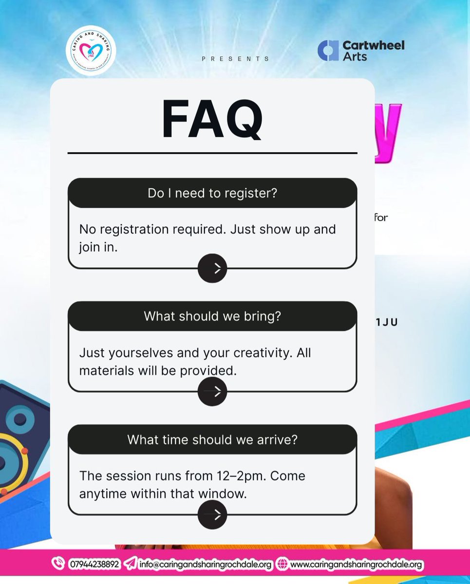 CAS_rochdale's tweet image. We’ve answered some of your frequently asked questions.

No registration. No pressure. Just space to create, connect, and belong.

Join us on the 28th, 12–2pm at 78 Yorkshire Street.
Let’s make it meaningful. 💙

#casrochdale #creativeday #communitymatters #inclusivespace