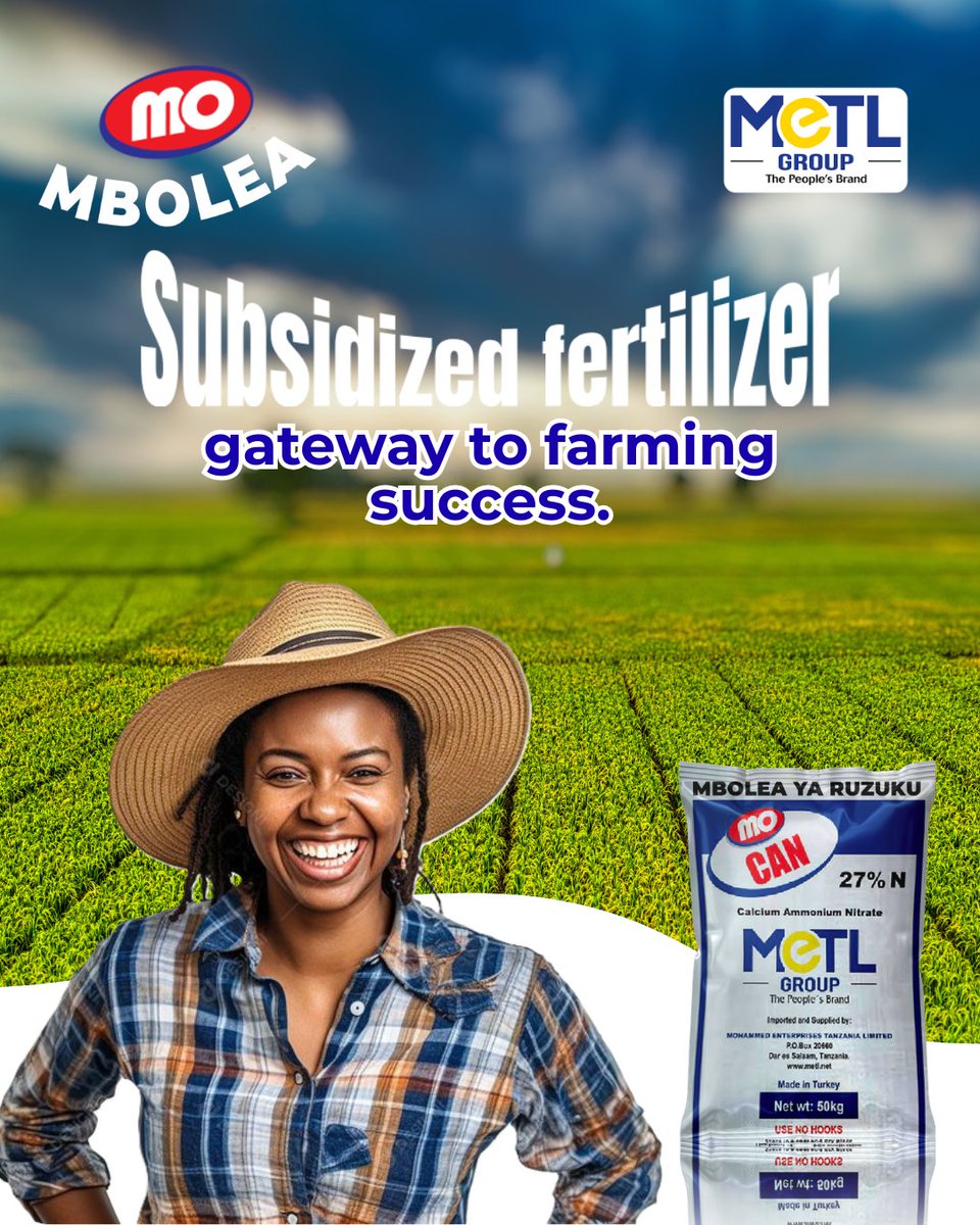 MetlFertilizers's tweet photo. Ruzuku ya mbolea ni fursa ya mafanikio ya mkulima!
💪🏾 Shamba lenye nguvu, mavuno makubwa 🌾
🤝 Wekeza leo, furahia kesho 🌞
👉🏾 Chukua hatua sasa na hakikisha mafanikio yako shambani! #mo #motunagusamaishayako #agrodealer #peoplesbrand #fertilizer #nguvumoja #TanzaniaBusiness https://t.co/AzMqbDHiaf