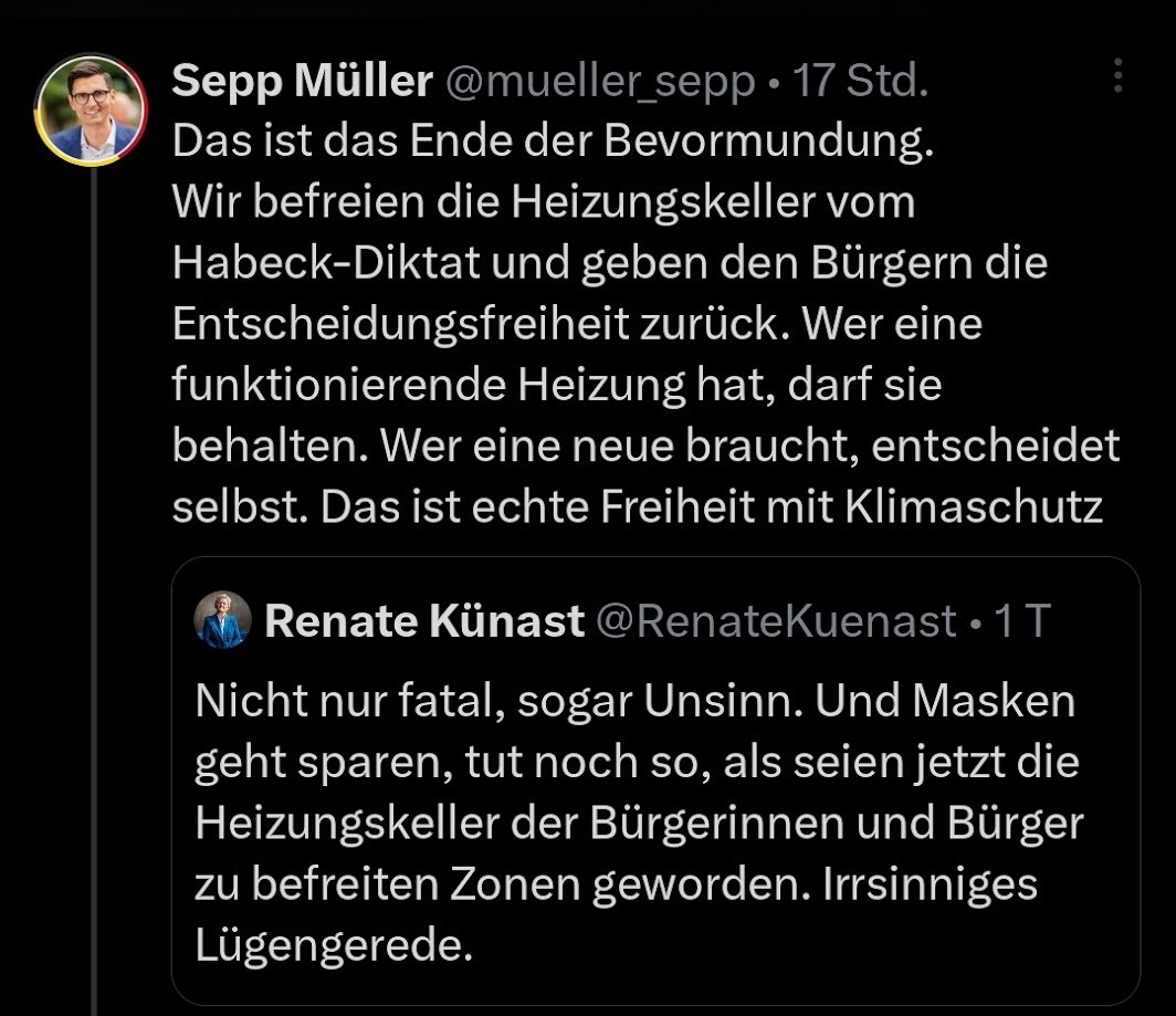 Wer von „Befreiung“ schwurbelt, muss erst mal erklären, wovon. Funktionierende Heizungen durften unter Habeck bleiben – das nennt sich Bestandsschutz. Die einzige Partei, die jemals den Zwangsausbau (30-Jahre-Regel) beschlossen hat, war die CDU im GEG 2020. Hört endlich auf zu