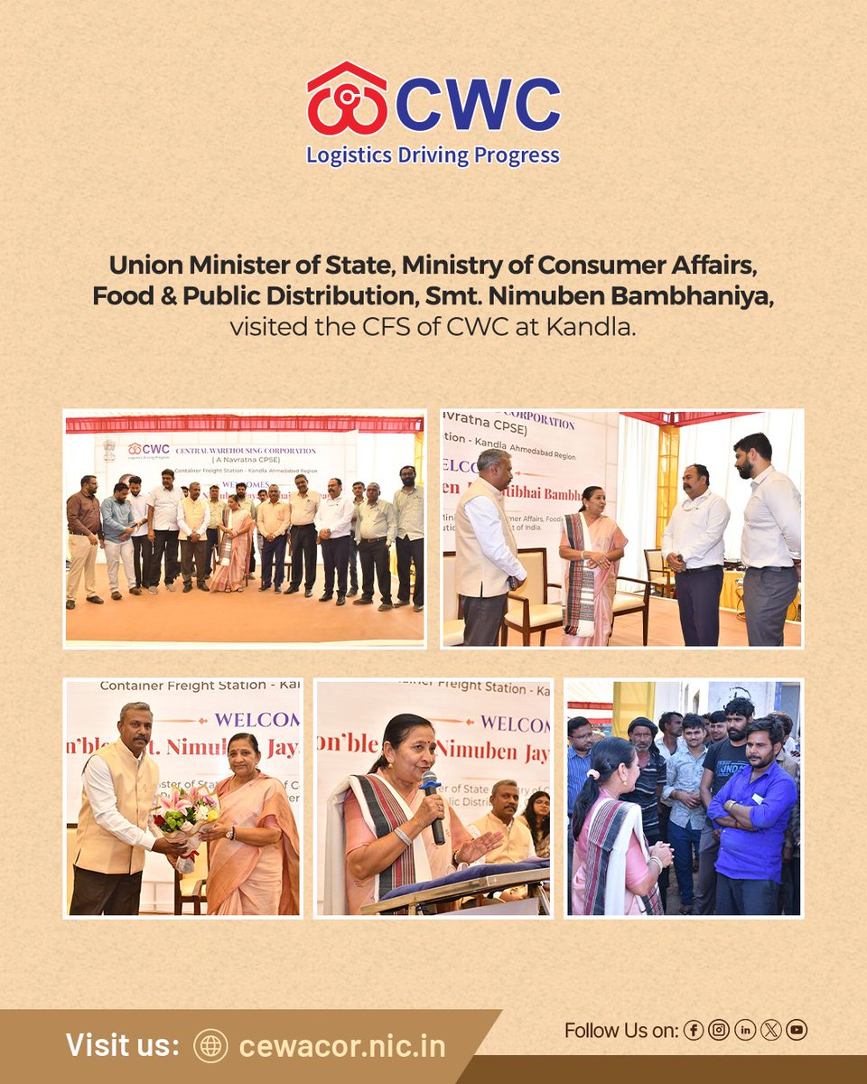 Union Minister of State, Ministry of Consumer Affairs, Food &amp; Public Distribution, Smt. Nimuben Bambhaniya, visited the Container Freight Station (CFS) of Central Warehousing Corporation (CWC) at Kandla.

She was received by the Regional Manager, RO Ahmedabad, CWC.

During her