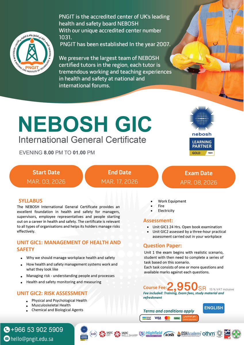 🦺 ابدأ مسارك في السلامة بشهادة عالمية: NEBOSH IGC (UK)

📅 03–17 Mar 2026 | 📝 Exam: 08 Apr 2026 | 🌙 مسائي
💰 2,950 SR (شامل الضريبة)
📲 +966 53 902 5909 | 

🔗 pngit.edu.sa/professional-t…

#NEBOSH #IGC #HSE #السلامة_المهنية #KSA #PNGIT