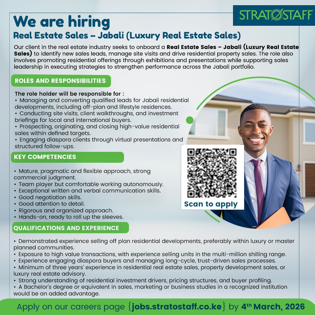 Our client in the Real estate industry is looking to onboard a Luxury Real Estate sales professional. The position is suited to a commercially minded professional with strong sales ability.

#recruitment
#hiring
#sales
#jobs
#realestate