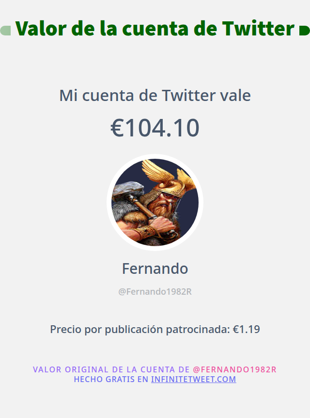 Fernando1982R's tweet photo. Mi valor en Twitter es de: €104.10

➡️ https://t.co/mCdOeisV1e https://t.co/ShoXUwbz0y