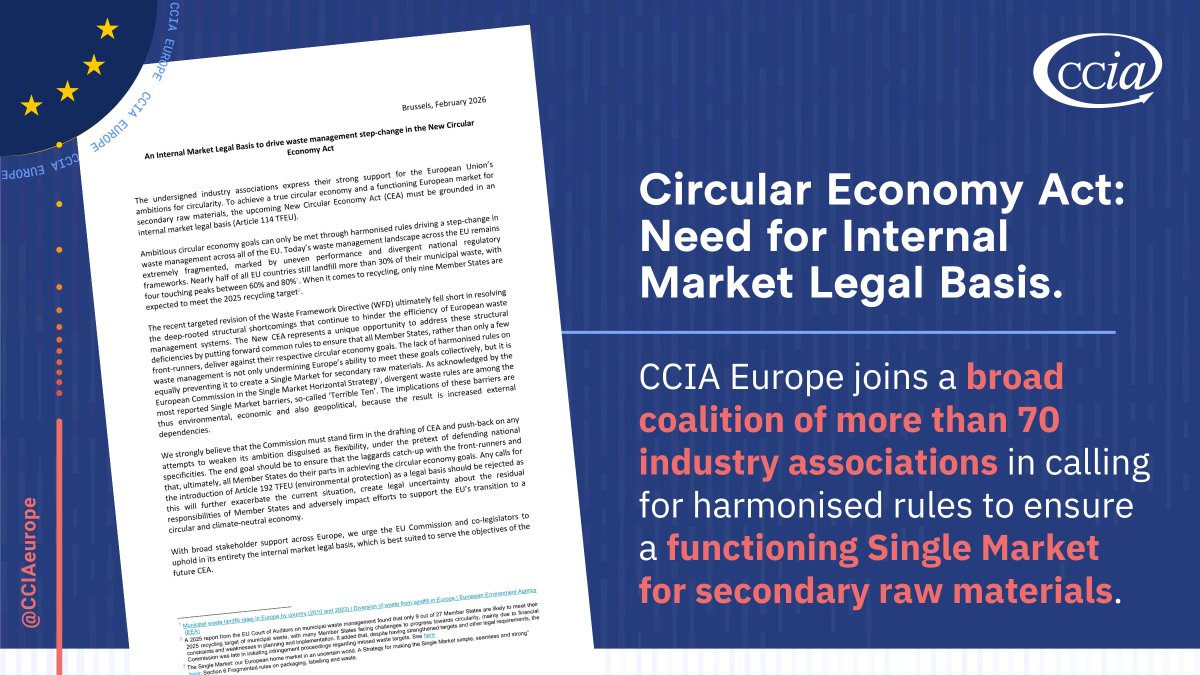 CCIAeurope's tweet image. #Waste ♻️ The upcoming #CircularEconomy Act (CEA) is a pivotal opportunity to deliver a truly functioning 🇪🇺 Single Market for secondary raw materials. 

CCIA Europe, together with more than 70 associations, calls for an #InternalMarket legal basis. 

👉 Joint letter: