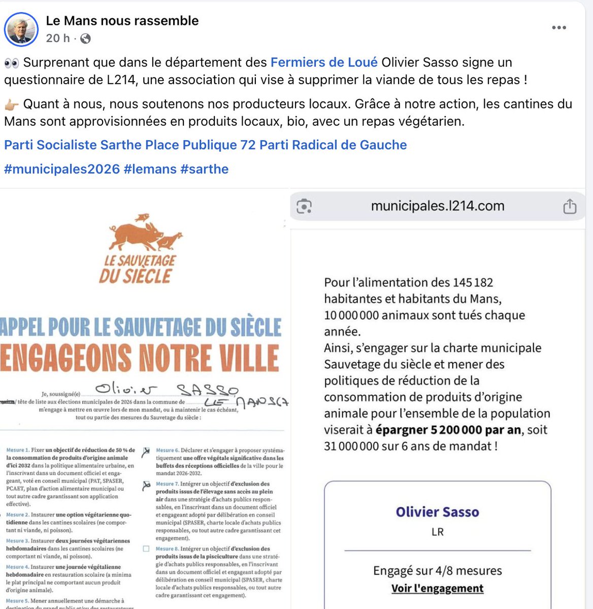 Notre campagne vise à réduire de moitié le nombre d'animaux tués pour l'alimentation d'ici 2030. Affirmer que nous voudrions “supprimer la viande de tous les repas” détourne le débat.
Notre charte municipale propose des mesures progressives et applicables : davantage de menus