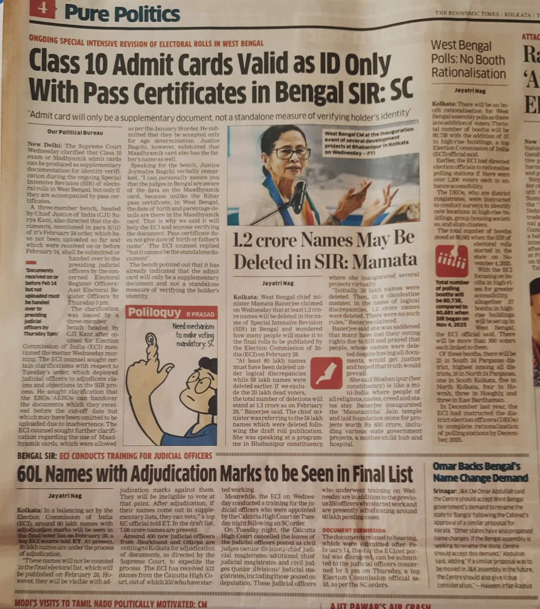JayatriNag's tweet image. #ET Bengal SIR comprehensive coverage:  From Class-X Admit Cards as valid ID with Pass certs, 60 Lakh names with Adjudication marks likely to be seen in final voter lists on Feb 28 &amp;amp; no booth rationalization in Bengal. Read @ETPolitics @anubhutivishnoi @pranabsamanta